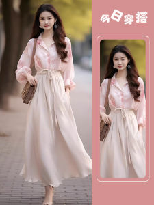 Spring Wear a Set of Womens Fashion French Shirtdress Seaside Holiday Pink Floral Dress Two-piece Set