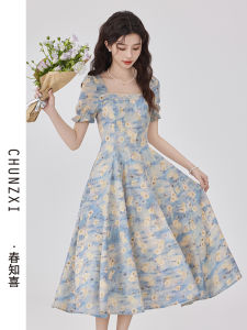 Chunzhixi French Style Retro Blue Floral Oil Painting Style Dress New Arrival Pure Sweet Artistic Skirt Female Summer