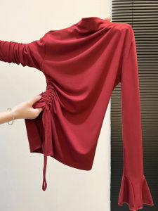 Elegant French Butterfly Knot Long Sleeve Womens T-shirt Waist Cinch Base Top Korean Style Slim Fit Silk Fiber Trendy Autumn Wear