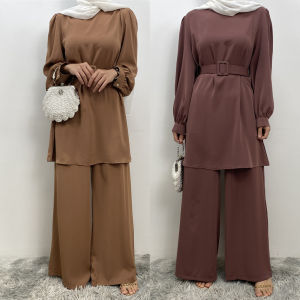 Arabian Waist Belt Long Sleeve Top And Straight Leg Pants Two Piece Set Womens Fashion Ensemble Polyester Fiber Long Trousers