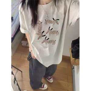 Pure Cotton Fun Printing Short Sleeve T-Shirt Womens Summer New Arrival Loose Design Niche Style Half Sleeve Light Gray Top Clothes