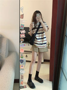 Girls College Style Casual Sportswear Suit Womens Summer Thin Short-Sleeved Shorts Vintage Stripe OOTD Two-piece Set