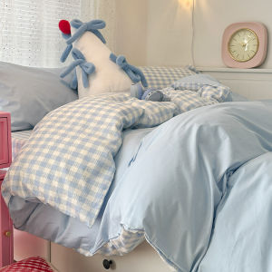 Ins Fresh Small Blue Grid Pure Cotton Three-Piece Bedding Set Simple Student Quilt Cover Single Bed Sheet Bed Canopy Four-Piece Set