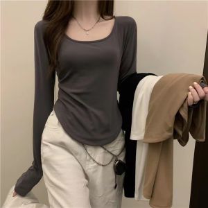 Early Autumn Short U-Neck Irregular Long Sleeve Womens T-Shirt Slim Fit Base Shirt Can Be Worn outside High-End Feeling Base Shirt