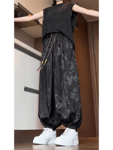 Chinese Style Dragon Pattern Ice Silk Light Summer Drawstring Pants