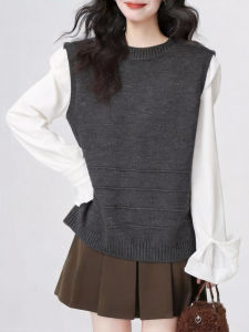 QINGNAER | Gray Fashion Layered Sweater Big Size