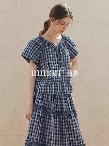 INMAN | Áo Sơ Mi Caro Đỏ Vintage Với Họa Tiết Voan Và Ngọc Trai