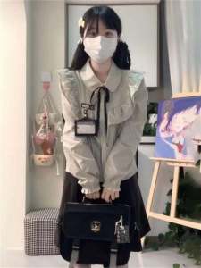 Early Autumn a Set of Wear Japanese Style University Style Tree Fungus-like Lacework Stripes Shirt Female Student High Waist Pleated Skirt