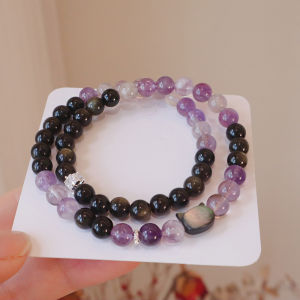 Double-Circle Natural Amethyst Black Obsidian Bracelet Womens Lucky Cat Head Fashion Jewelry Best Friend Good Luck Charm