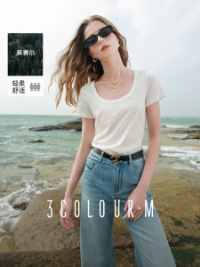 เสื้อยืดคอกลมแขนสั้นพื้นฐานสีขาว ทรงหลวม สำหรับผู้หญิง ฤดูใบไม้ผลิ 2025 แบรนด์ Sancai ผ้าฝ้ายผสมโพลีเอสเตอร์ เสื้อผ้าทำงาน