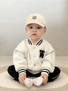 Korean Style Fleece Lined Baseball Jacket for Baby Boys Warm Outdoor Coat Childrens Fashionable Outfit Long Sleeve Cotton Blend