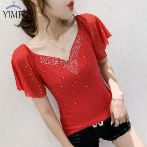 YIMEI Áo Kim Cương Nổi Bật Ngành Công Nghiệp Nặng Mới Mùa Hè 2023 Áo Cổ Chữ V Tay Bèo Thời Trang Nữ Áo Lưới Tay Ngắn Ôm Sát