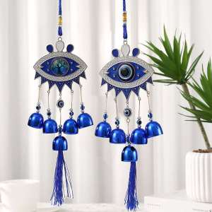 Evil Eye Home Decor Blue Turkish Evil Eye Wind Chimes Protection Lucky Charm Metal Bell Tassel Wall Hanging for Living Room Doorway Guard Decoration