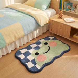 VIKAMA Cute Smiley Frog Irregular Rug Checkerboard Soft Fluffy Non‑Slip Floor Mat Kids Room Bedroom Indoor Home Decor