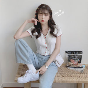 เสื้อยืดคอกลมแขนสั้นสไตล์หวานสำหรับผู้หญิงในช่วงฤดูร้อน เสื้อผ้าทำงานสไตล์เกาหลีแบบหลวมๆ สีสันสดใส ทรงเข้ารูป แขนสั้น