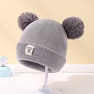 Heabety🎀 หมวกขนแกะถักสีทึบน่ารักสำหรับฤดูหนาวหมวกเด็กทารกแรกเกิดปอมปอมสำหรับเด็กผู้ชายเด็กผู้หญิง