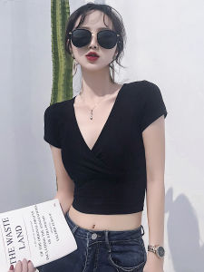 Pure Cotton Black T-Shirt Womens Short-Sleeved Ins Trendy Short Tops V-neck Bottoming Shirt Crop Top Tight High Waist Summer Stylish