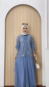 Muthia Dress 2in1 Gamis Kondangan Simple Model Kekinian Elegan Bahan Jersey Mix Brukat Tille