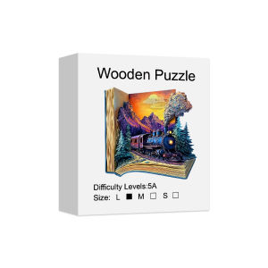 Wooden Puzzle for Adults - the Train in the Book Puzzle Unique Shape Wooden Jigsaw Puzzles Modern Art Home Decor