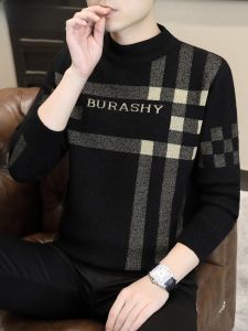 HENGYUANXIANG | Mens Thickened Half-High Collar Knitted Sweater Fashionable City Style Winter Base Shirt Slim Fit Striped Design Comfortable