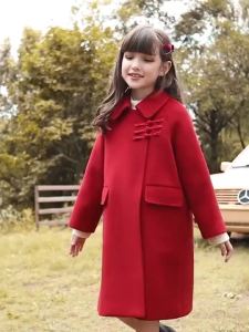 Áo Khoác Len Bé Gái Áo Khoác Dạ Trẻ Em Trang Phục Chúc Tết Mẫu Mới Màu Đỏ Dáng Dài Vừa