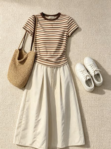 QINGMUZI | Striped Short Sleeve T-shirt A-line Skirt Two-piece Set