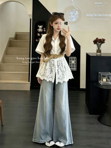 XUECAIQI | Summer Korean Style Lace Stitching Shirt High Waist Jeans Womens Two-piece Set