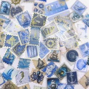 Bộ 50 Vintage Xanh Dương Hàng Hải Tem Vàng Dập PET Dán Tường Cho DIY Điện Thoại Thư Hành Lý Tủ Lạnh Thẩm Mỹ Văn Phòng Phẩm