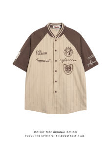 Loose Fit Baseball Collar Short Sleeve Shirt Mens Summer Casual Striped Embroidery American Retro Style Polyester Fiber