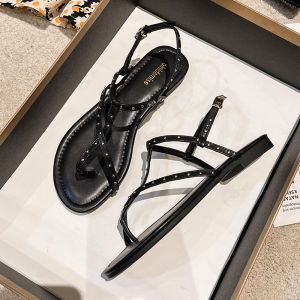 Womens Flat Sandals Summer Fashion Soft Bottom Rivet Beach Roman Shoes Low Cut Korean Style Daily Wear Ultrafine Fiber Leather