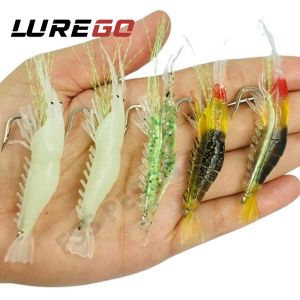 5PCS Soft Plastic Shrimp Lure with [Back-Barb Hook + Glow + Spinners] - Weedless Bass Bait for Saltwater & Freshwater