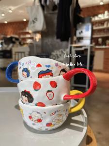 Cute Big Ear Handle Mugs Couple Breakfast Cups Ceramic Material 250ml Capacity Cartoon Animation Main Pattern No Lid