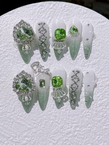 Pure Desire Ice Sprite Green Aojin Cat Eye Nail Art Small  Crown Large Diamond Embedded Glass Bead Full Diamond Wearable Nail
