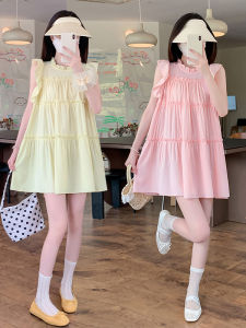 Váy Ngắn Tay Phồng Ngọt Ngào Mùa Hè Cho Nữ Váy Cotton Dáng Chữ a Không Tay Cổ Tròn Màu Trơn Váy Công Chúa Thoải Mái