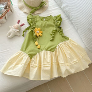 Bear Leader | Summer Girls Fashion Sleeveless Cute Flower Decoration Sweet Ruffled Princess Dress 1 Pc 2-7 Years Kids Daily Casual Clothes