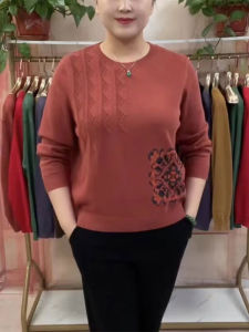 Fashionable round Neck Knitwear Loose Long Sleeve Womens Base Shirt Autumn New Style for Middle-Aged Mothers Slimming Effect