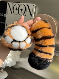 Lucky Tiger Tail Keychain Plush Rabbit Fur Tiger Claw Bag Charm Cute Tiger Tail Pendant Wealth Attracting Bag Accessory