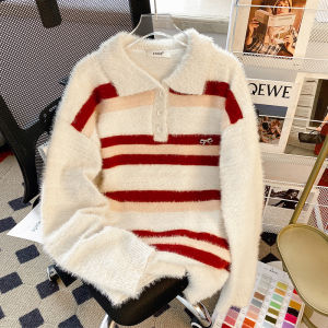 Original CSVQ Butterfly Knot Design Red Stripe Polo Collar Long Sleeve Womens Knitted Sweater Autumn Winter Loose Fit Top