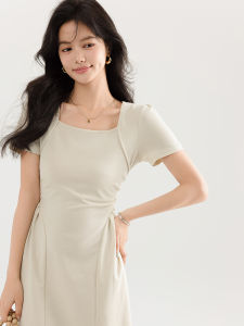 Summer Design Sensation French Style Short Sleeve Square Collar Dress Womens Simple A-Line Waist-Cinching Skirt Midi Length