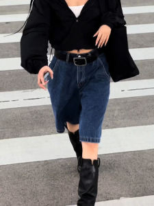 Loose Straight Leg Denim Shorts Womens Summer New Vintage High Waist Slimming Wide Leg Pants Small Size Five-Quarter Length