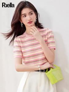 puella | 2026 Summer New Fashion Short Sleeve Knitted Shirt Pink Striped