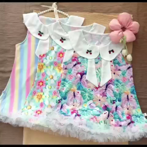 1-12 ปี ชุดฤดูร้อนหญิงสาว รูปแบบการพิมพ์ กระโปรงพิมพ์ลาย A พิมพ์เสื้อกั๊กแขนกุด เดรสเด็กผู้หญิง เนื้อผ้าเบ สวมใส่สบาย