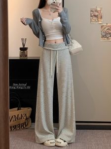 Ladies Loose Fit Thickened Stripe Long Pants Sporty Casual Trousers Winter High Waist Wide Leg Pants Comfortable Leisure Style