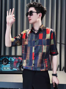 High-End Ice Silk Plaid Floral Shirt Short Sleeve Mens Summer 2025 Trendy Brand Handsome Drapey Feel Shirt Standard Fit Youth Popular Daily Wear