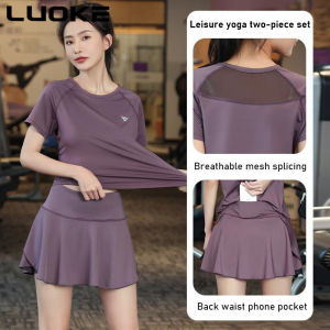 Luoke 瑜伽套装女 Yoga Suit for Women Running Quick Drying Badminton Double layered skirt pants with zippered pockets Loose cool and comfortable top