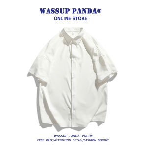 Wassup Panda Mens Ice Silk Short Sleeve Shirt Loose Fit Solid Color Summer Fashion Vintage Outerwear Casual Polyester Blend