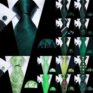 Barry.Wang Green Mint Teal Men Tie Hanky Cufflinks Set Jacquard Olive Sage Lawn Cyan Necktie for Male Wedding Business Gift