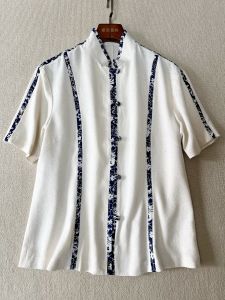 เสื้อเชิ้ตผู้หญิงคอตั้งแขนสั้นผ้าไหมพันธุ์จีนใหม่ เสื้อเชิ้ตทรงเข้ารูปเน้นคุณภาพ ฤดูใบไม้ผลิ 2024