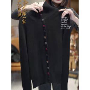 French Lazy Style High-necked Colored Button Womens Knitwear
