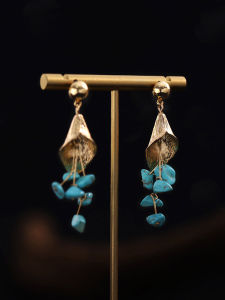 Long Vintage Natural Turquoise Gold Leaf Tassel Earrings French Style Original Design Fashionable Jewelry for Women
